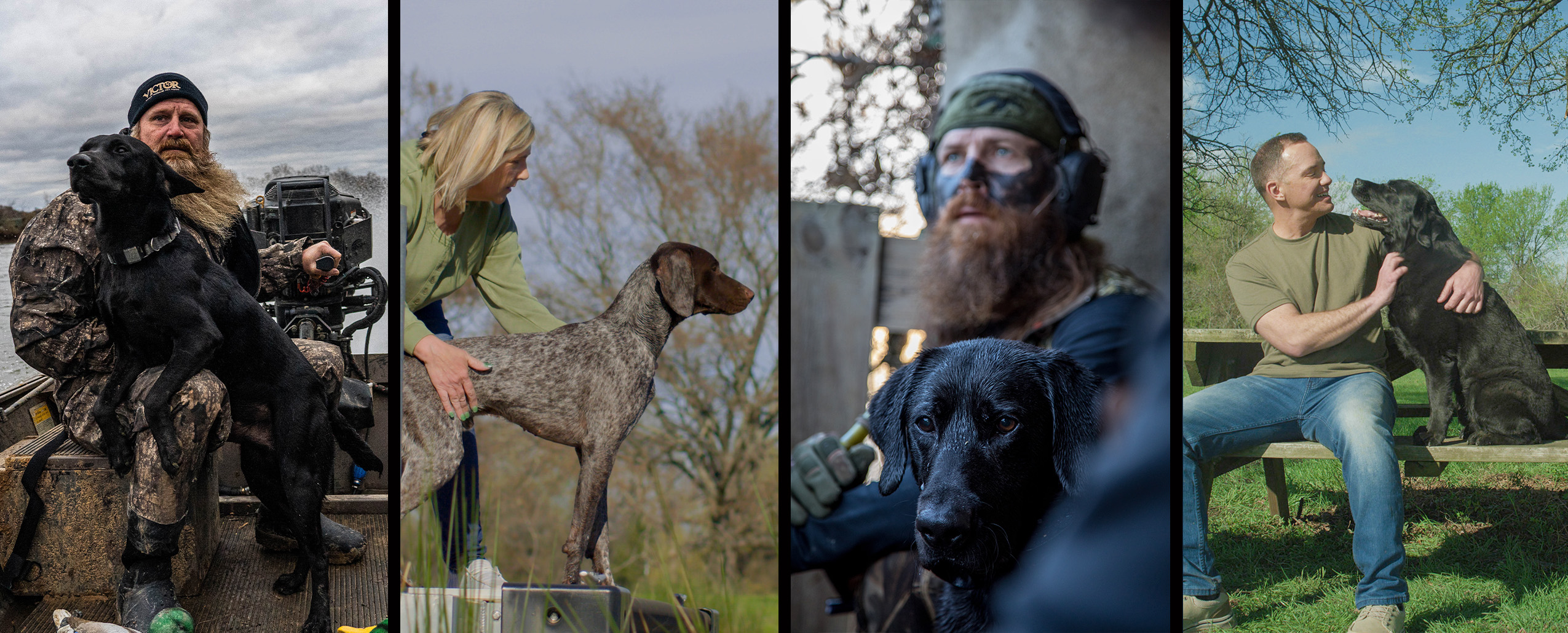 Dog trainer Shawn Sims with yellow labrador retriever dog in field